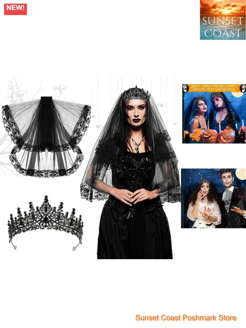 Gothic Bride Halloween Costume Set Black Veil and Tiara Crown Women Accessory